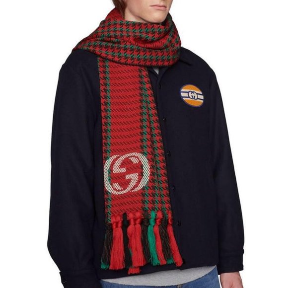 Gucci Interlocking GG Logo Red & Green Houndstooth Wool Tassel Scarf - Picture 10 of 12